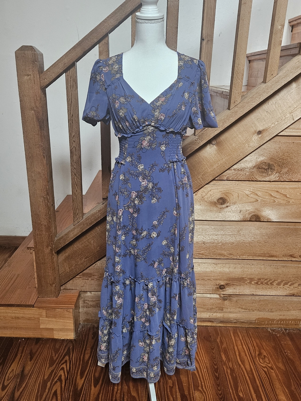 Max Studio Dusty Blue Floral V-Neck Maxi Dress